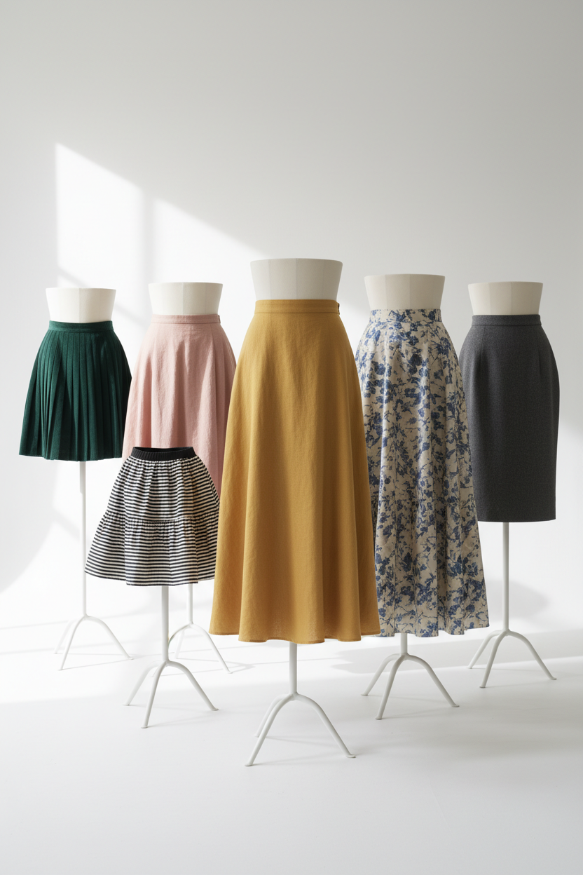 Stylish women's skirts in various lengths and colors on a white background