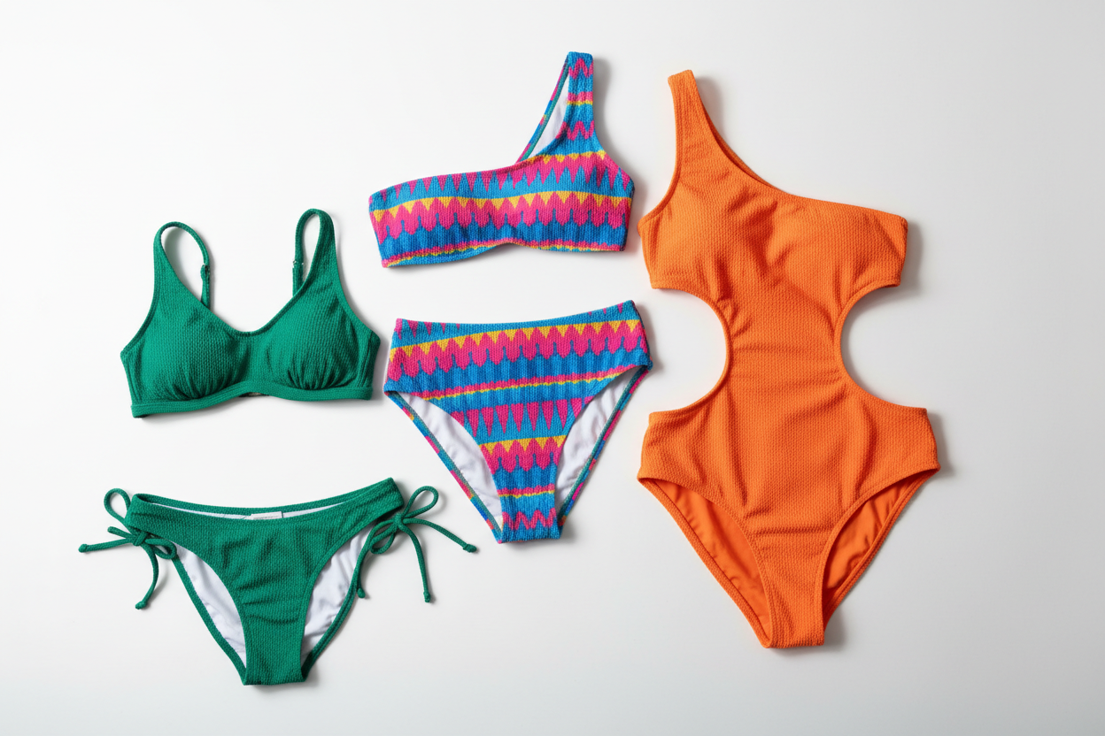Stylish women's swimwear including bikinis and one-pieces in vibrant colors on a white background