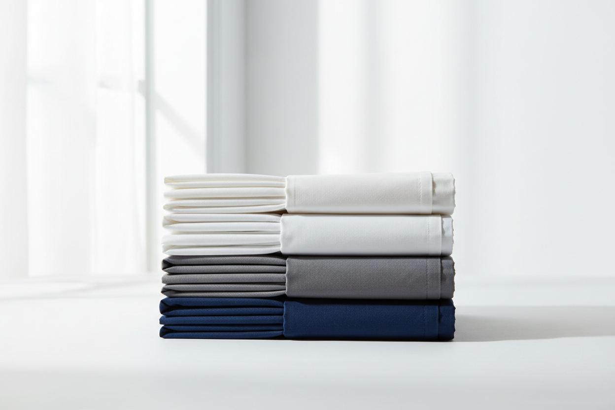 Cotton bed sheets in white, gray, and navy blue