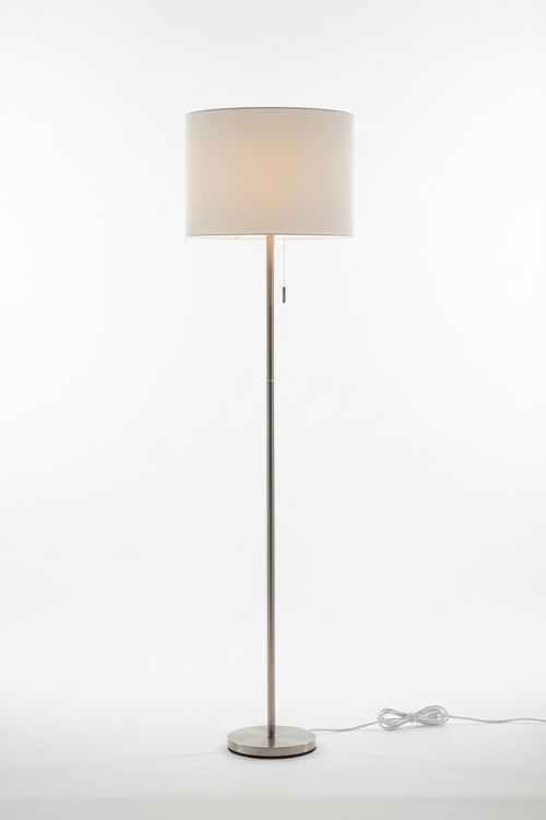 Modern tall floor lamp with white shade on a clean white background