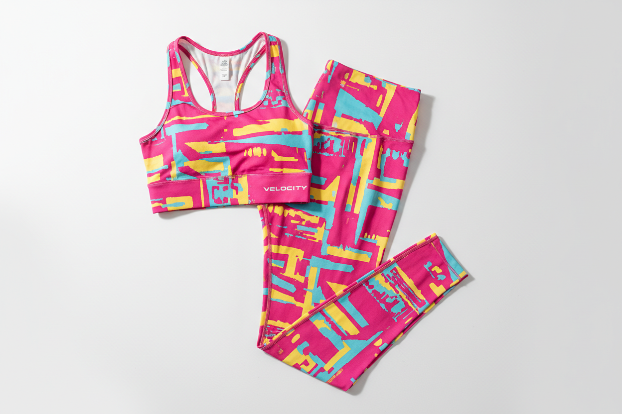 Stylish women's activewear set with leggings and sports top on a white background