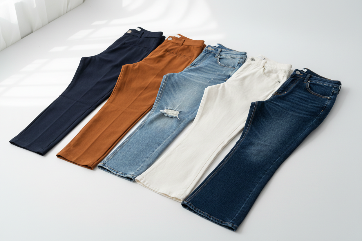Stylish women's pants and jeans in various colors on a white background
