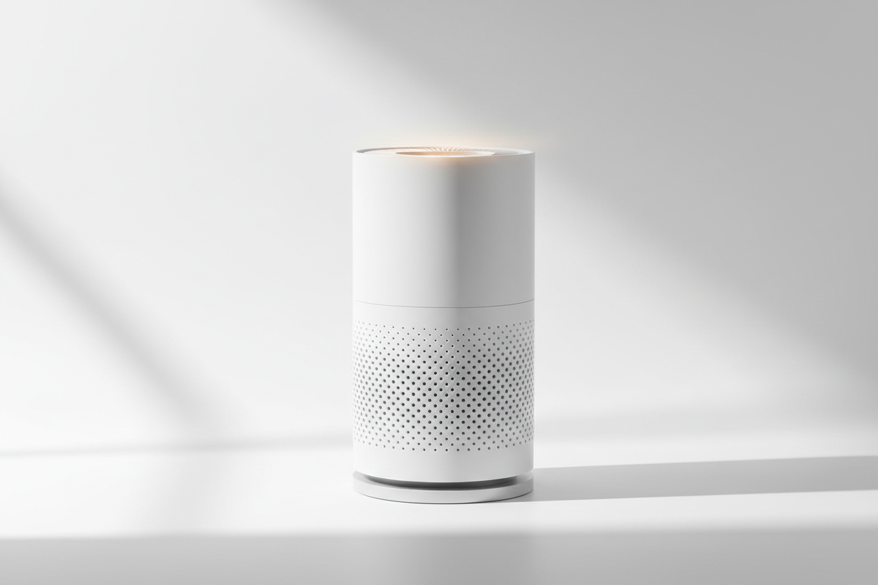 Modern white air purifier on a clean white background