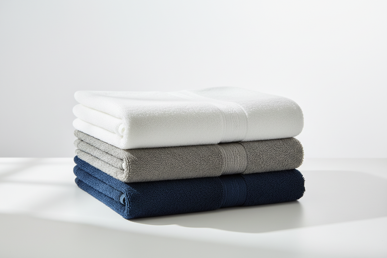 Soft bath towels in white, gray, and navy blue neatly folded on a white background